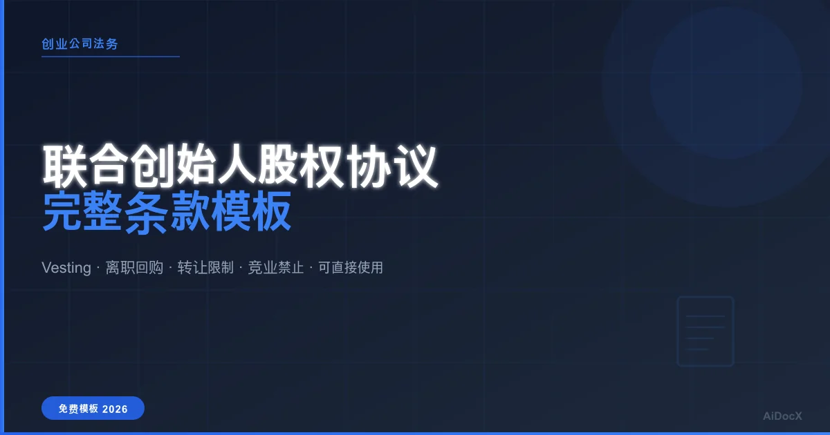 联合创始人股权协议完整指南：2026年可直接使用的条款模板
