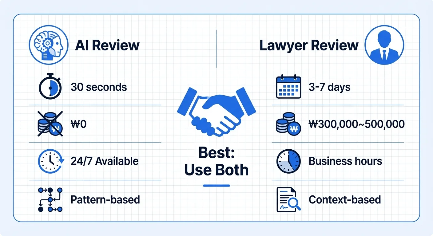 AI 계약서 검토 vs 변호사 검토 비교: 소요 시간, 비용, 가용성