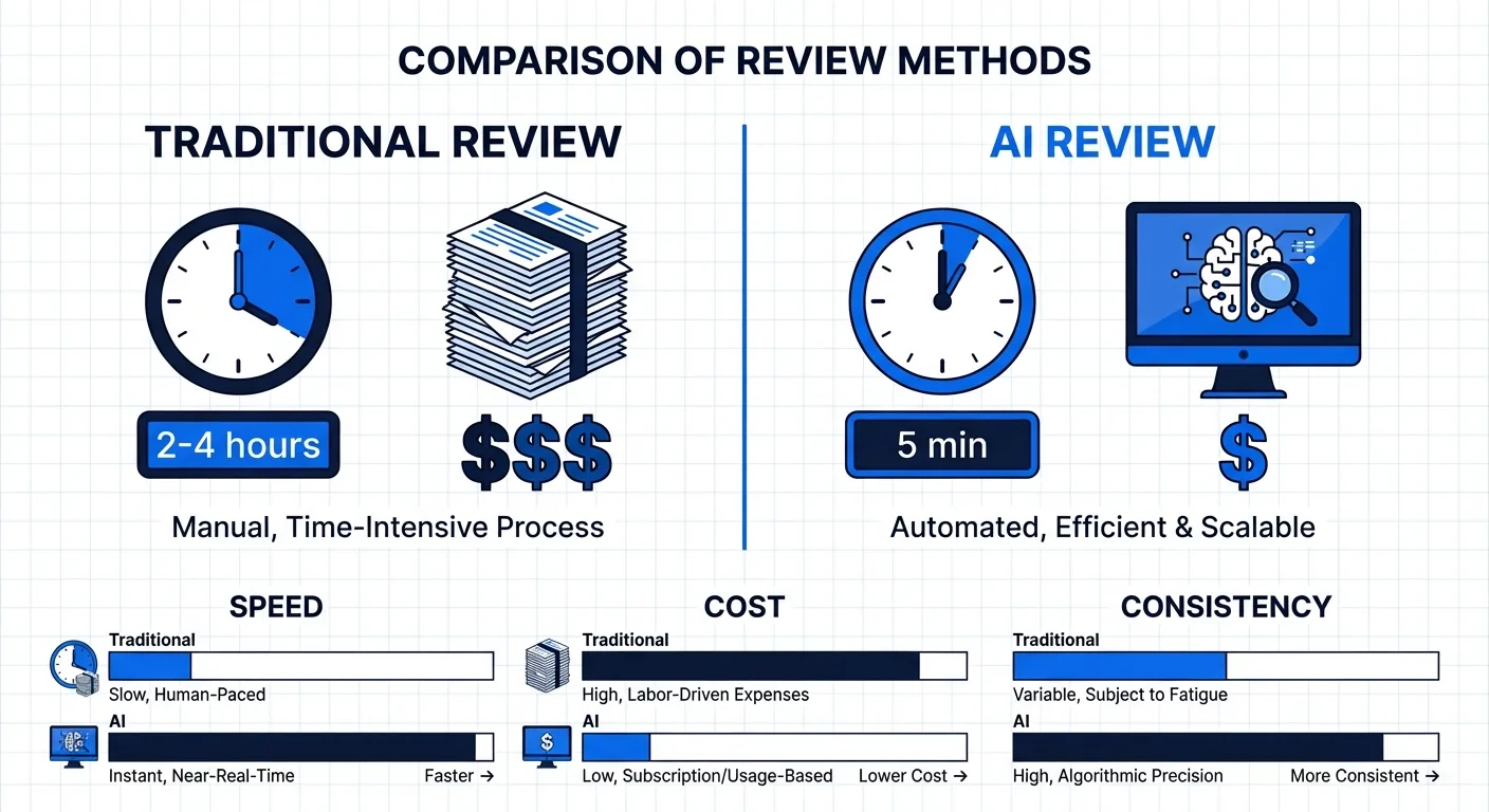 Speed, cost, and consistency comparison between AI and traditional contract review