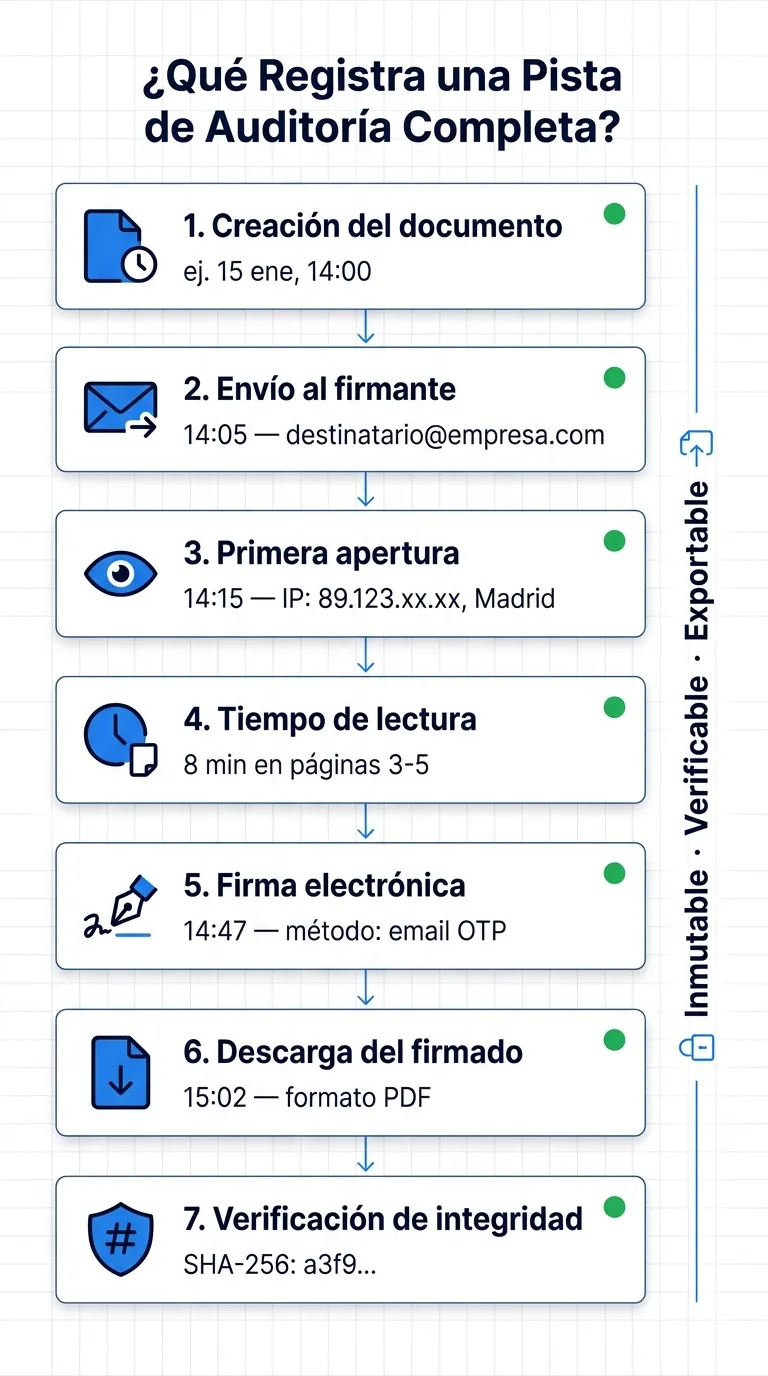 Diagrama completo de una pista de auditoría electrónica: todos los eventos registrados desde la creación hasta la descarga