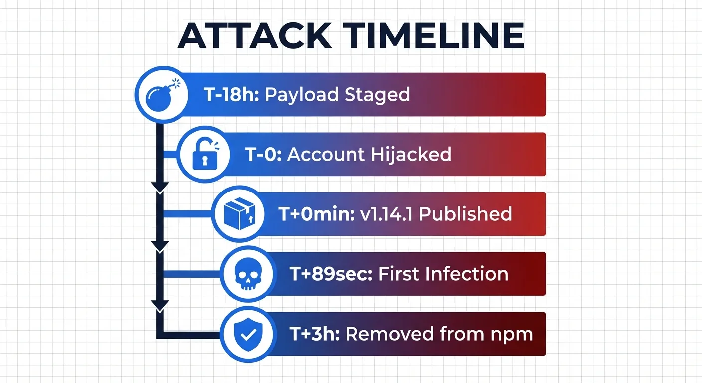 Axios NPM supply chain attack timeline: payload staged, account hijacked, package published, first infection in 89 seconds