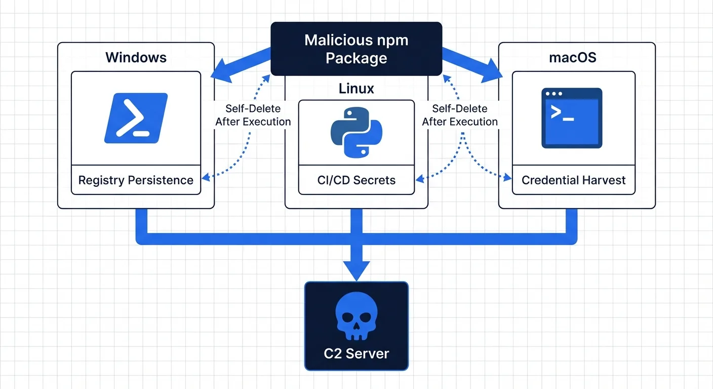Cross-platform RAT payload architecture: malicious npm package deploying Windows, Linux, and macOS variants to C2 server