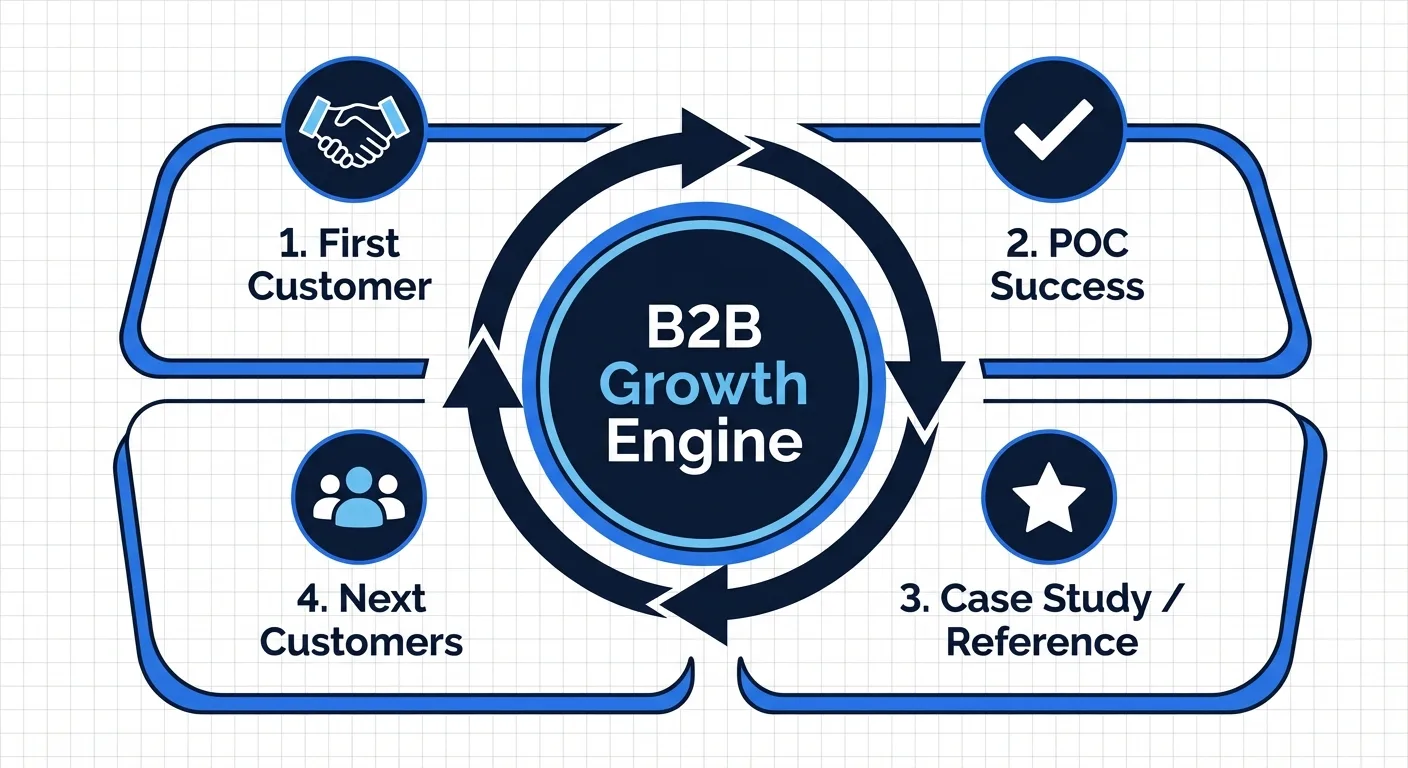 B2B first customer reference flywheel: first customer success leads to case study, which attracts next customers