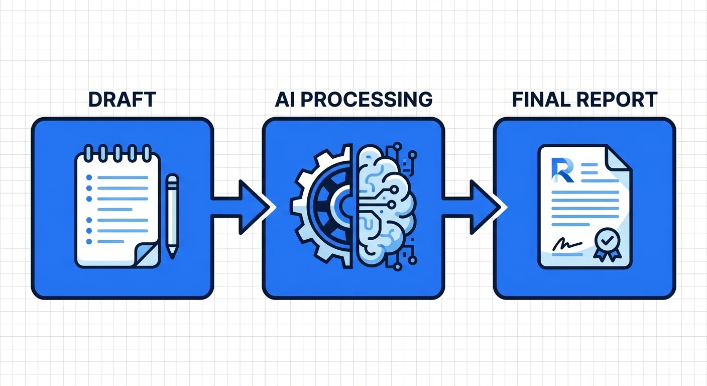 AI報告書作成ワークフロー：初稿作成 → AI処理 → 完成した報告書