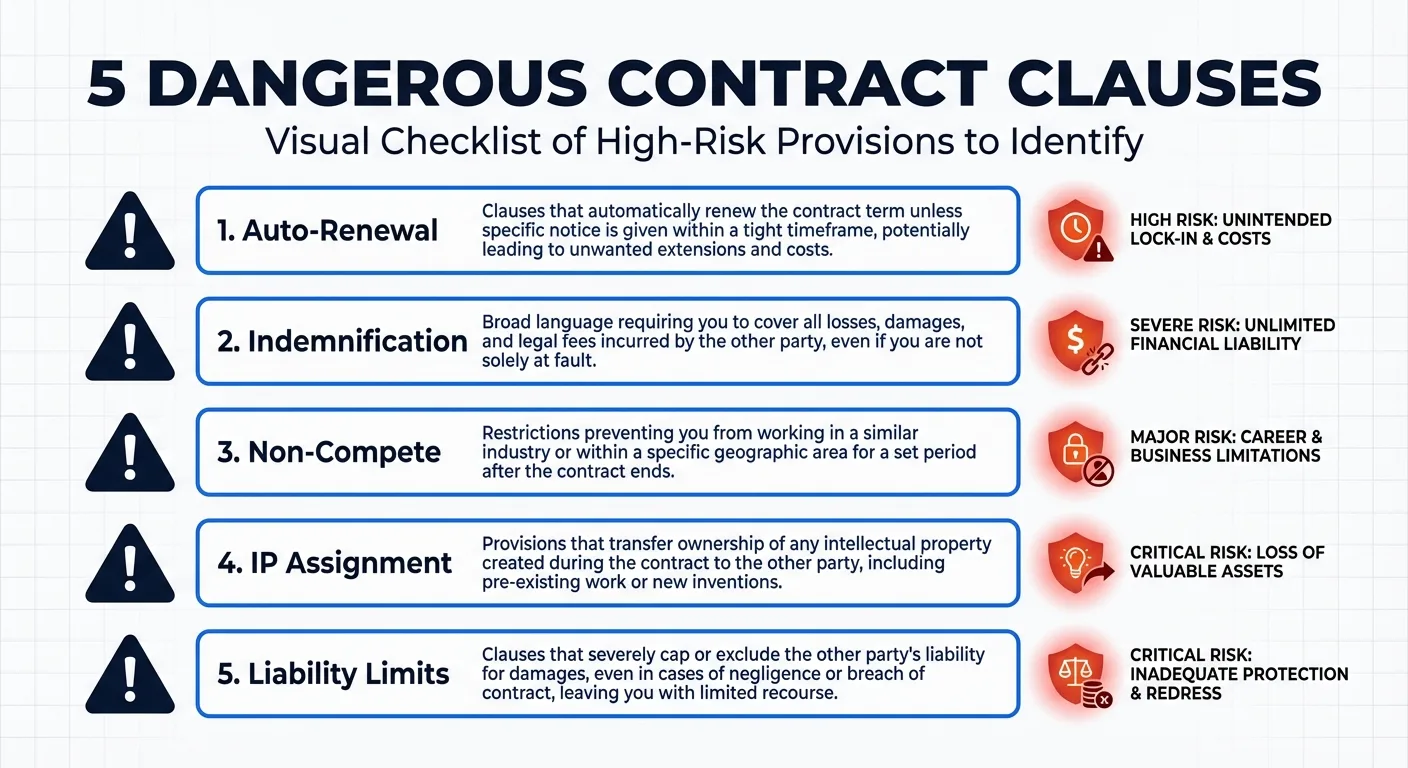 Five dangerous contract clauses: auto-renewal, indemnification, non-compete, IP assignment, liability limits