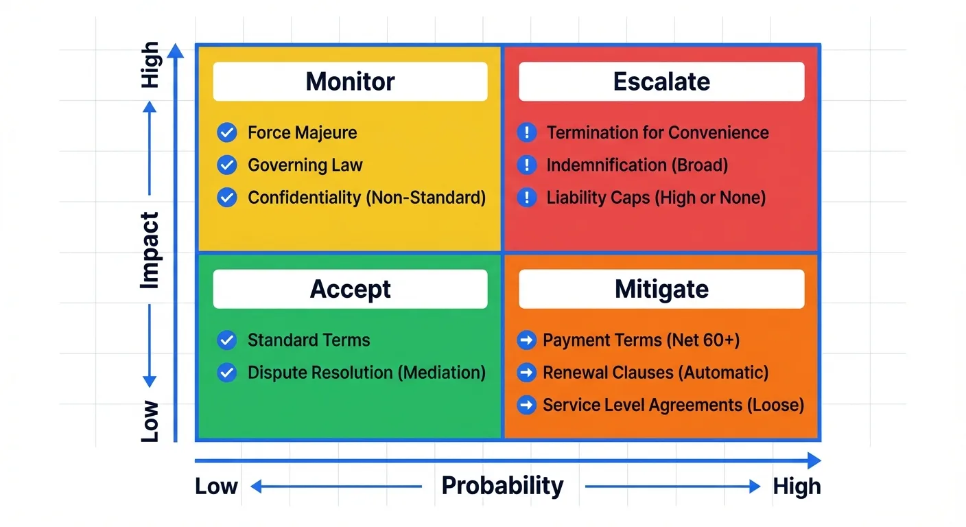Contract risk assessment matrix: probability vs impact with action categories