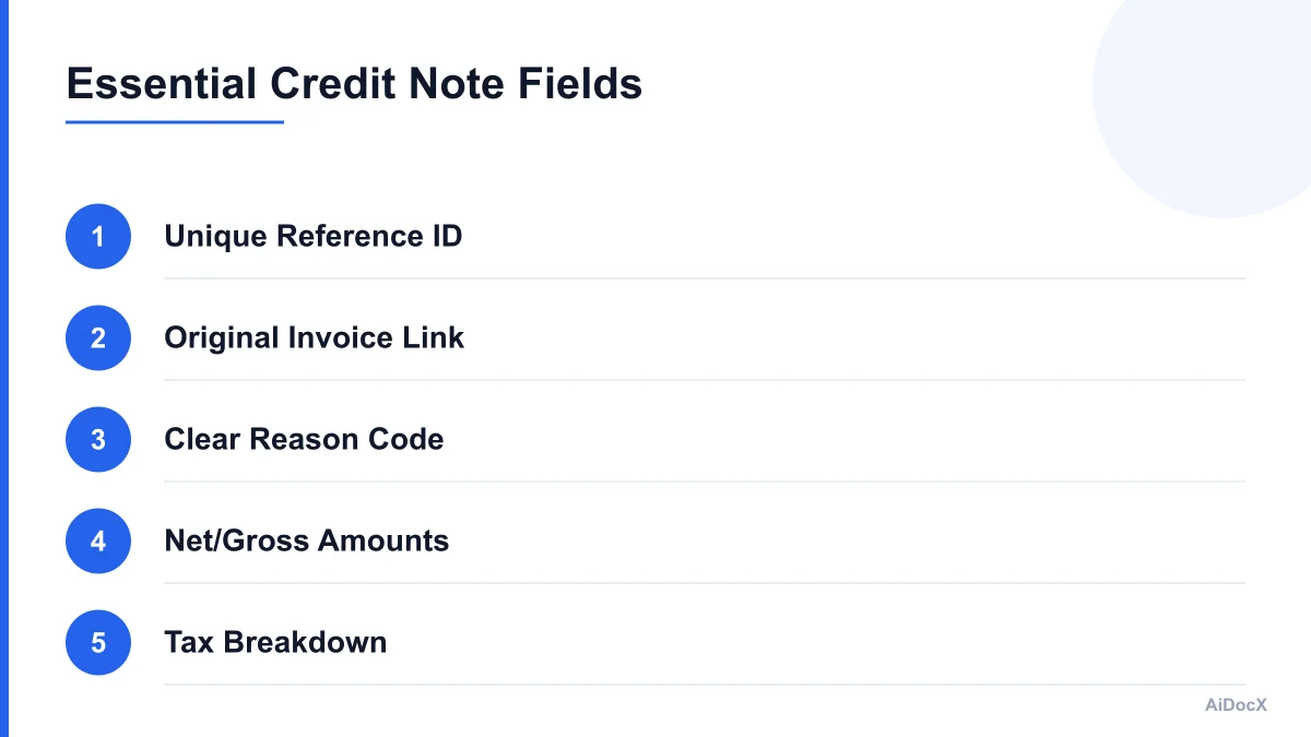 Checklist of essential fields in a credit note