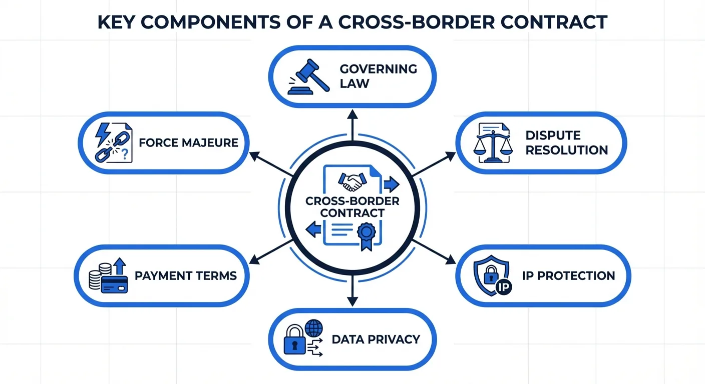 跨境合同管理框架: 法律适用、争议解决、知识产权、数据隐私、支付条款、不可抗力