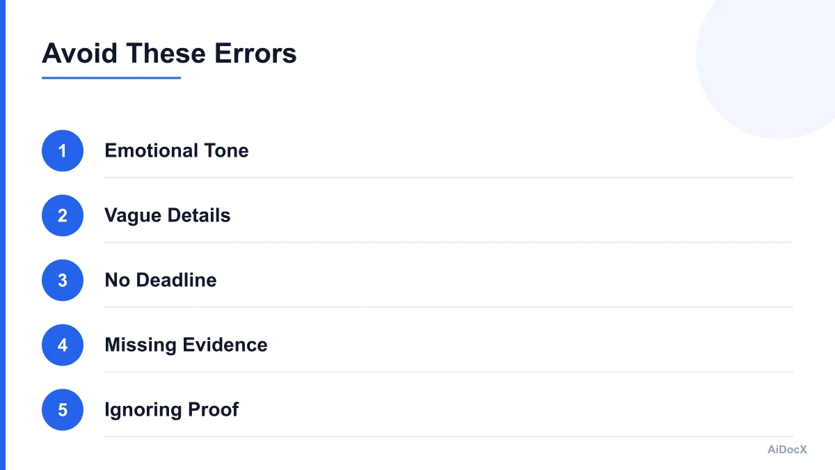 Infographic highlighting common errors in demand letters