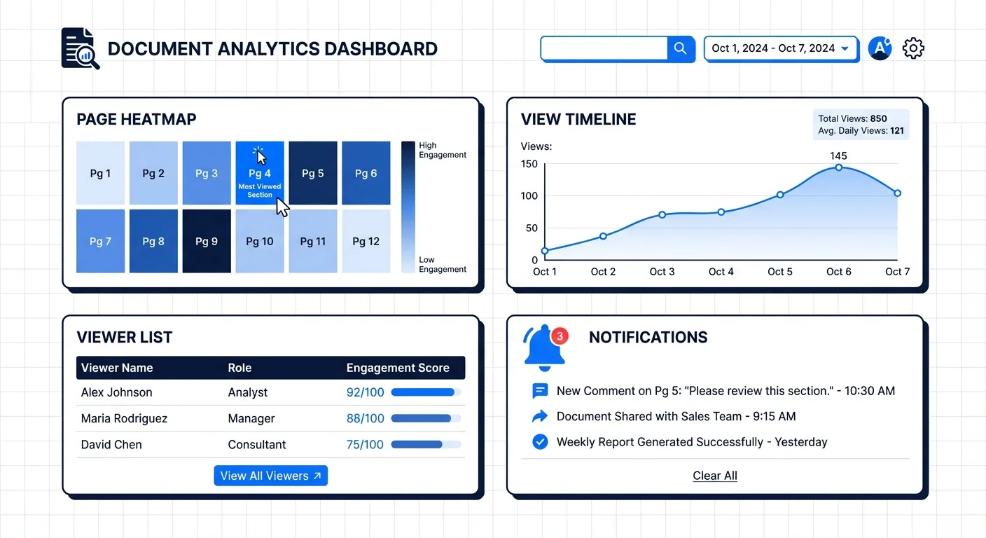 Document tracking analytics dashboard with heatmap, timeline, and engagement scores