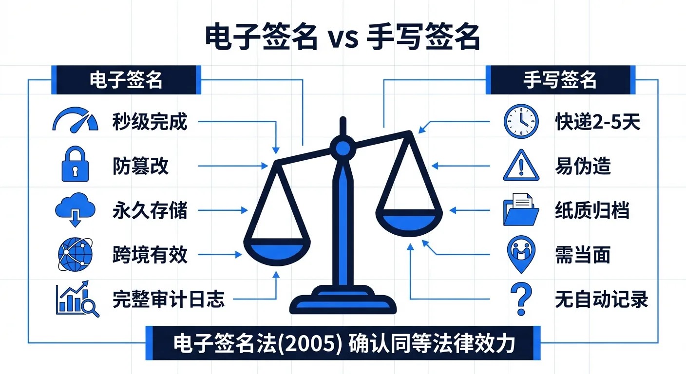 电子签名vs手写签名对比: 速度、安全性、存储、跨境效力