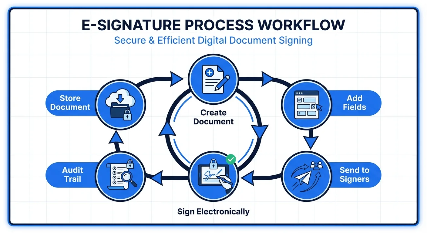 E-signature workflow: create, add fields, send, sign, audit trail, store
