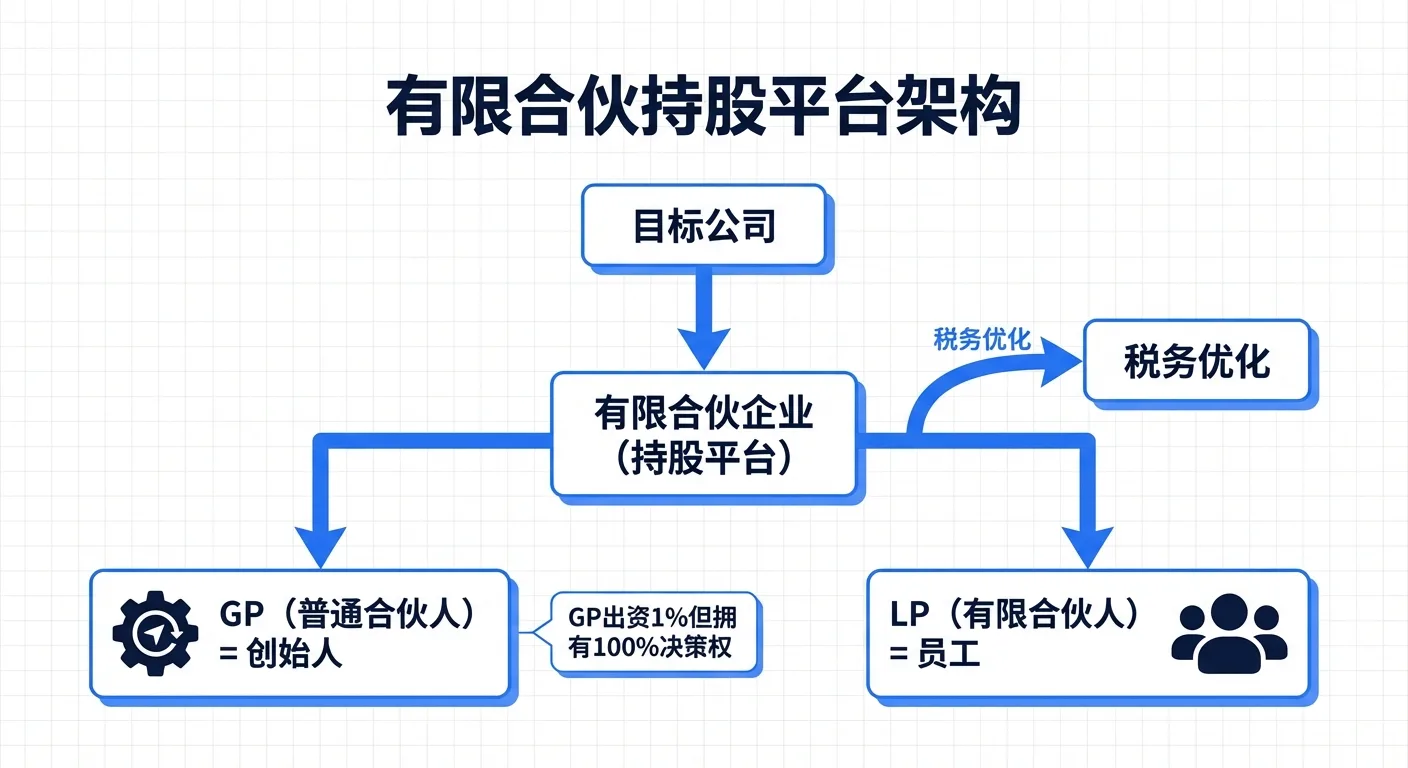 有限合伙持股平台架构: GP创始人控制权 + LP员工持股