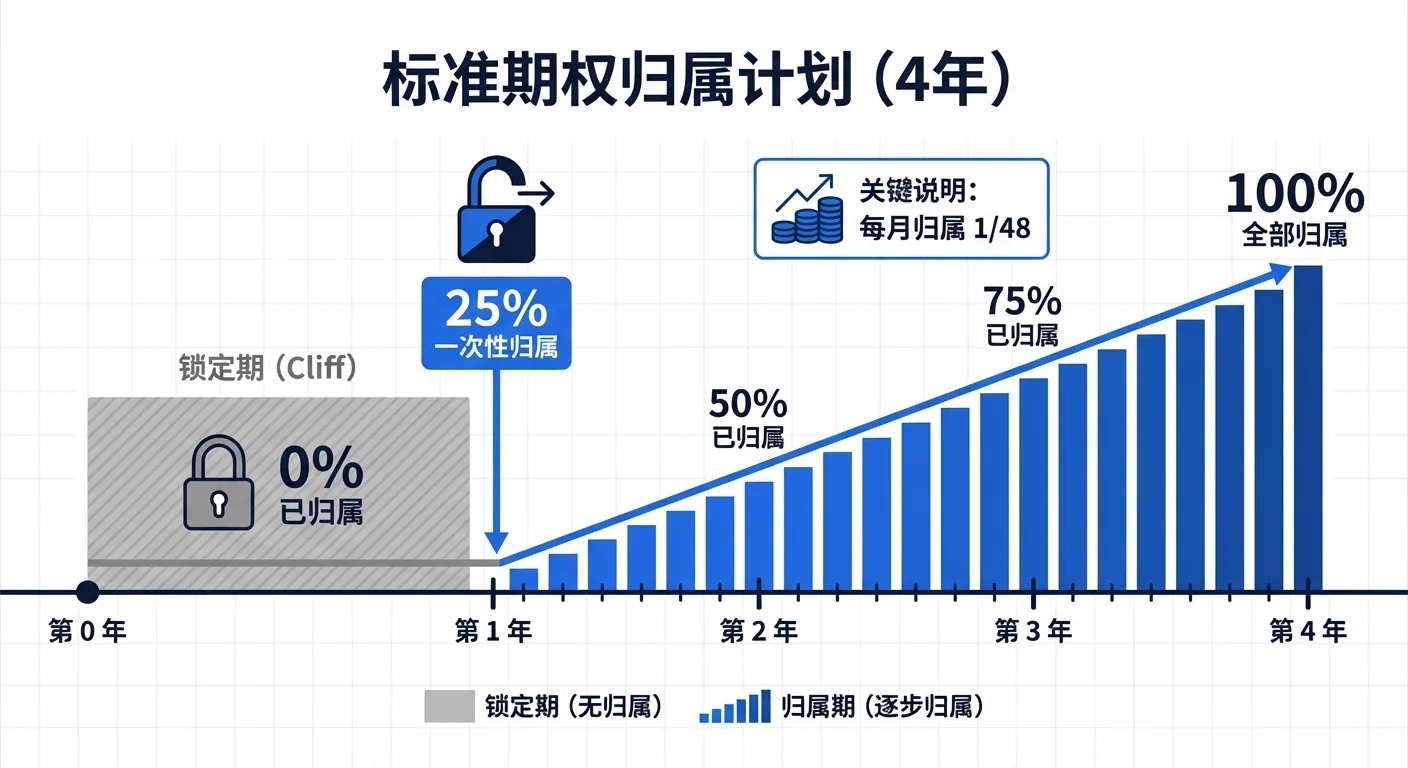 标准期权归属计划4年时间线: 1年锁定期后每月归属