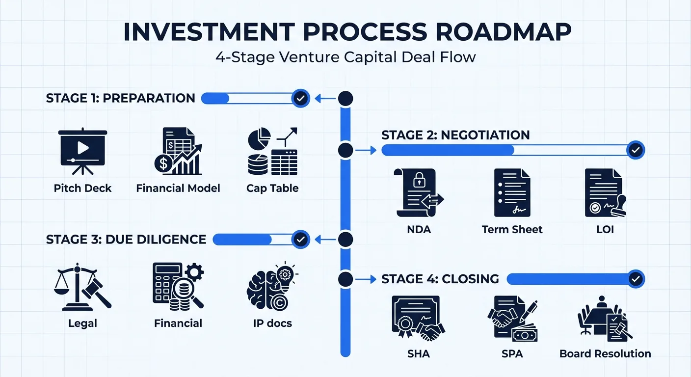 Startup fundraising document checklist: preparation, negotiation, due diligence, closing stages