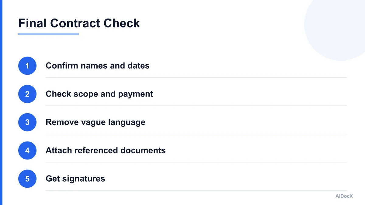 Contract review checklist with clauses, dates, signatures, and attachments