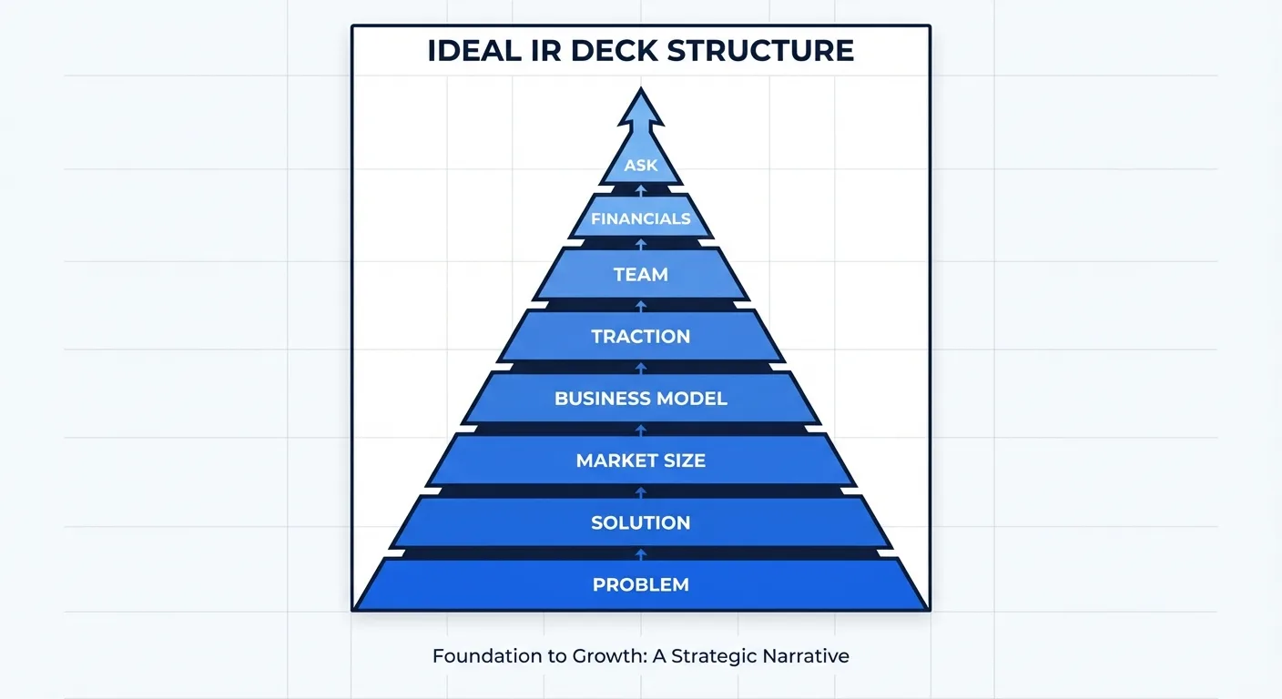Ideal IR deck structure: Problem, Solution, Market, Business Model, Traction, Team, Financials, Ask