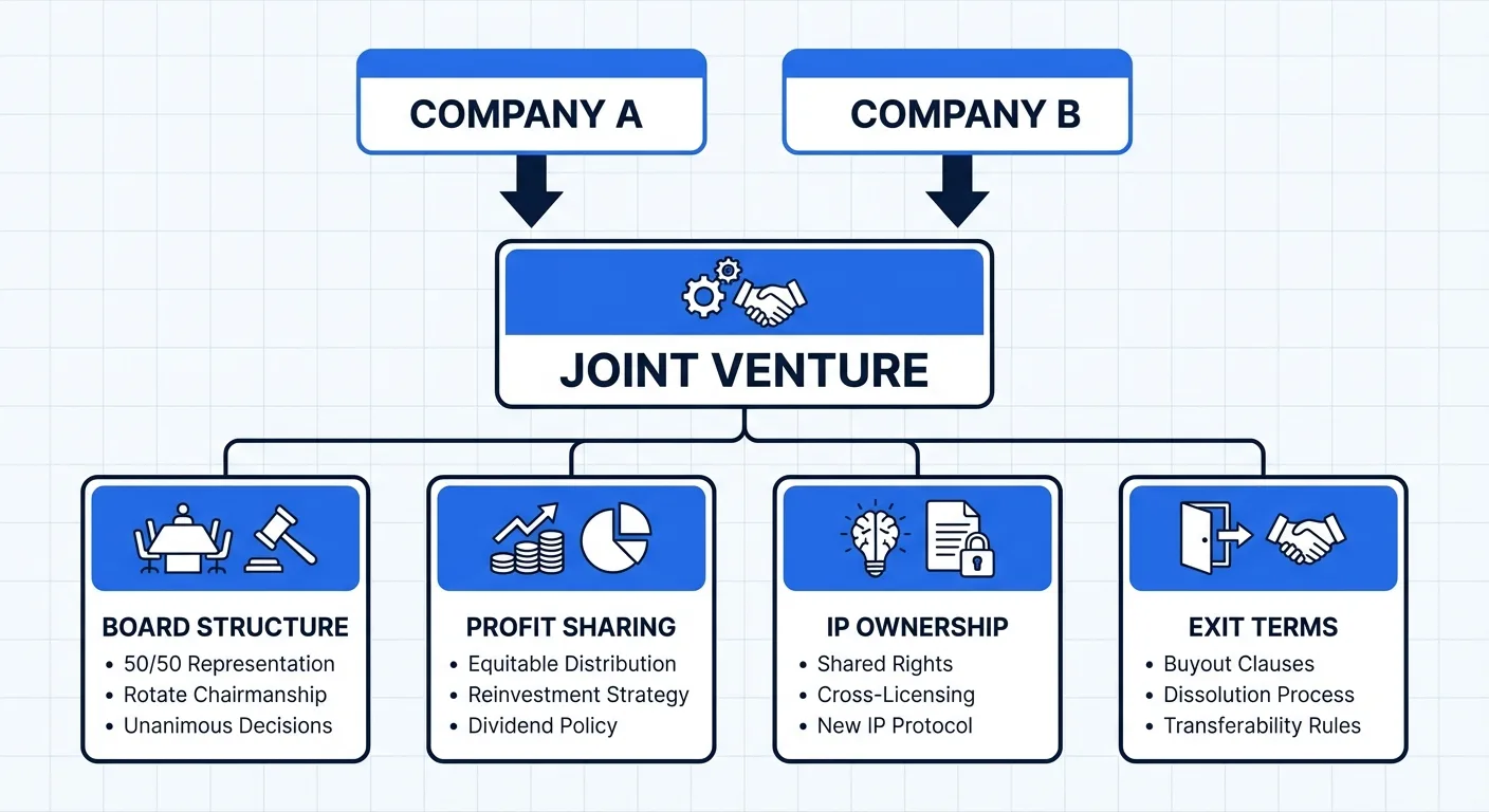 Joint Venture structure: two companies forming a JV entity with board, profit sharing, IP, and exit terms