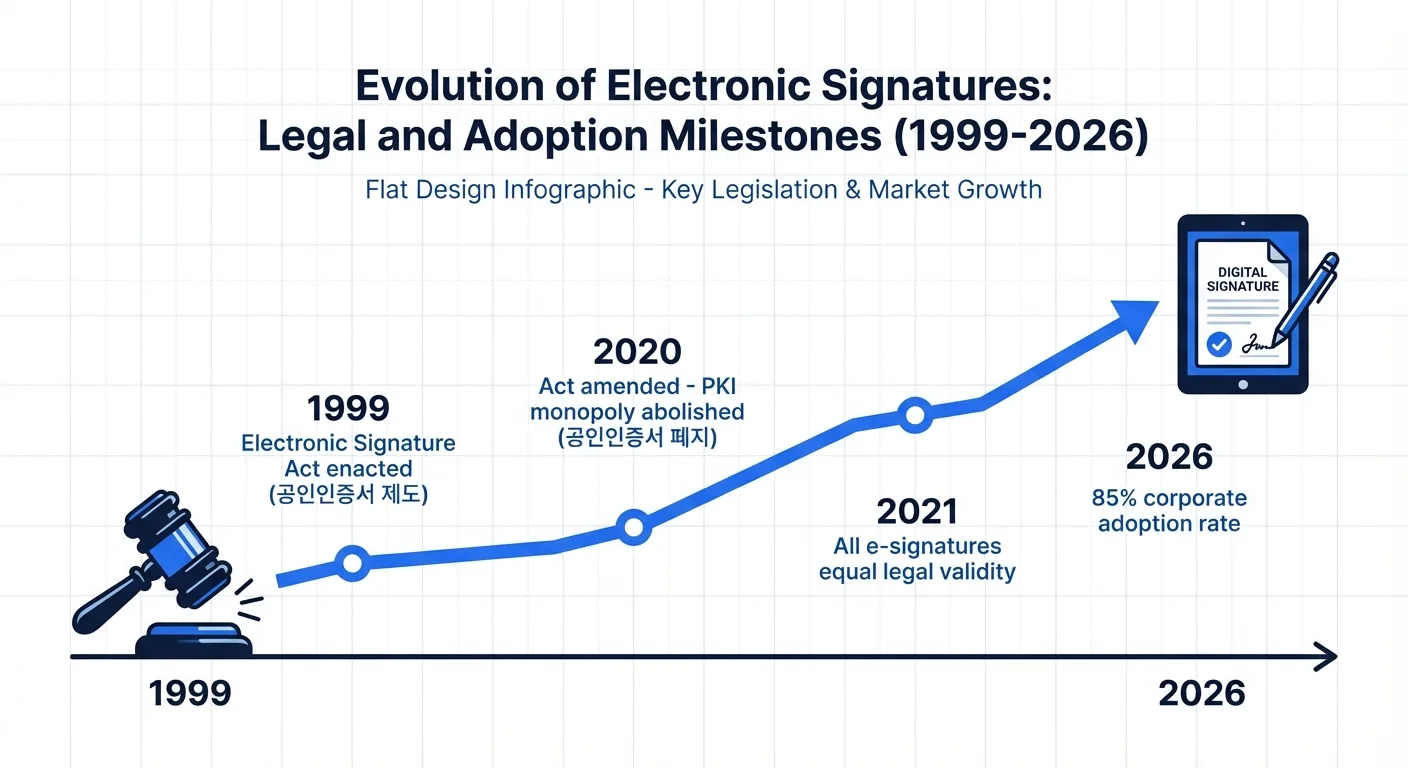 한국 전자서명법 변천사: 1999년 제정부터 2026년 85% 기업 도입까지