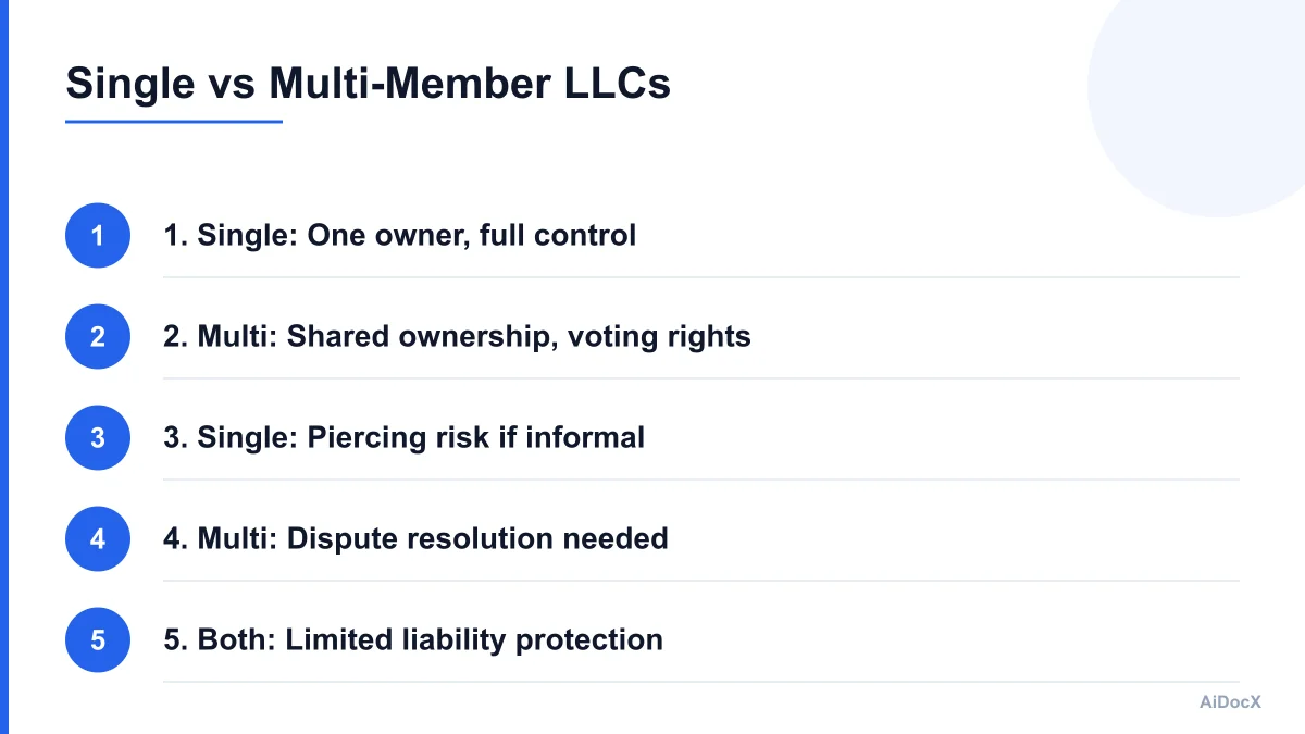 Comparison chart showing single-member LLC rights vs multi-member LLC governance structure