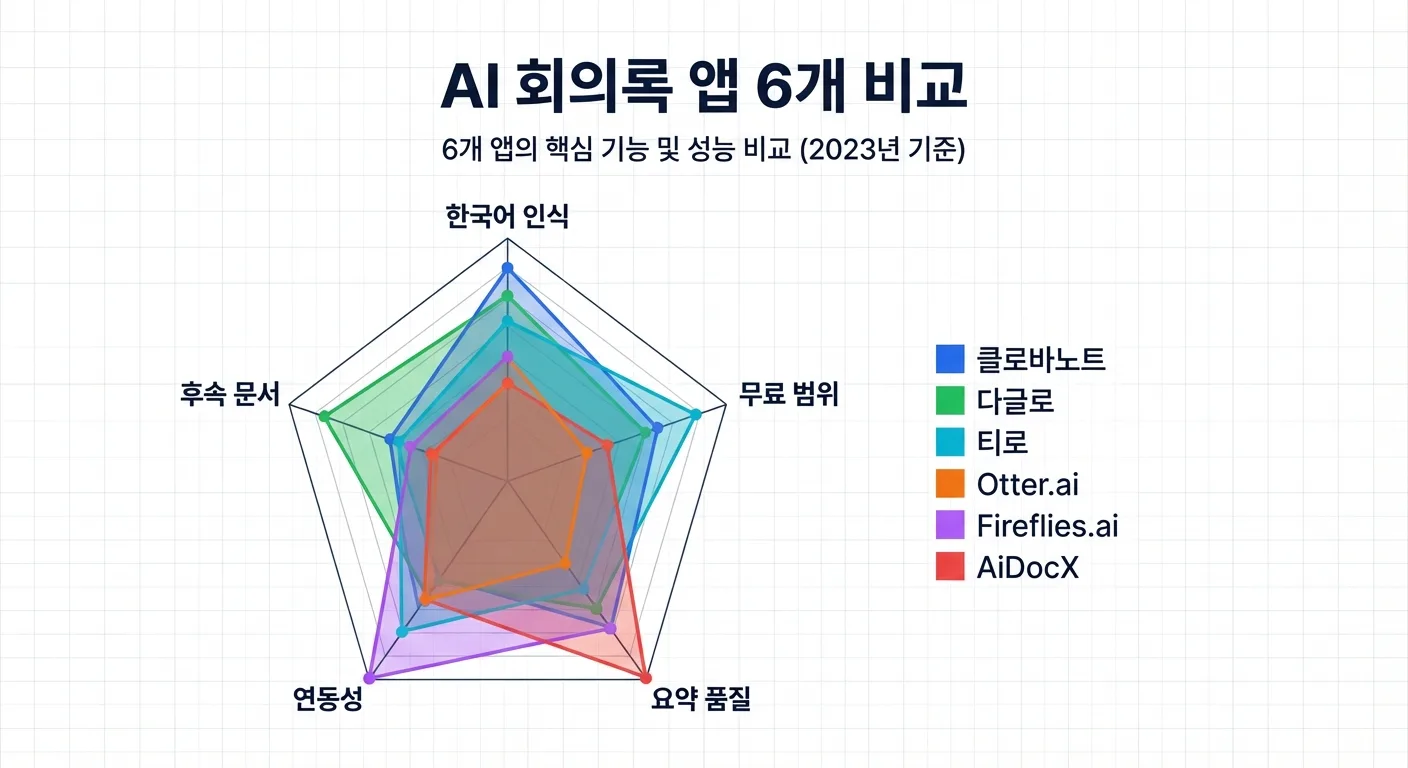 AI 회의록 앱 6개 레이더 비교: 클로바노트, 다글로, 티로, Otter.ai, Fireflies.ai, AiDocX