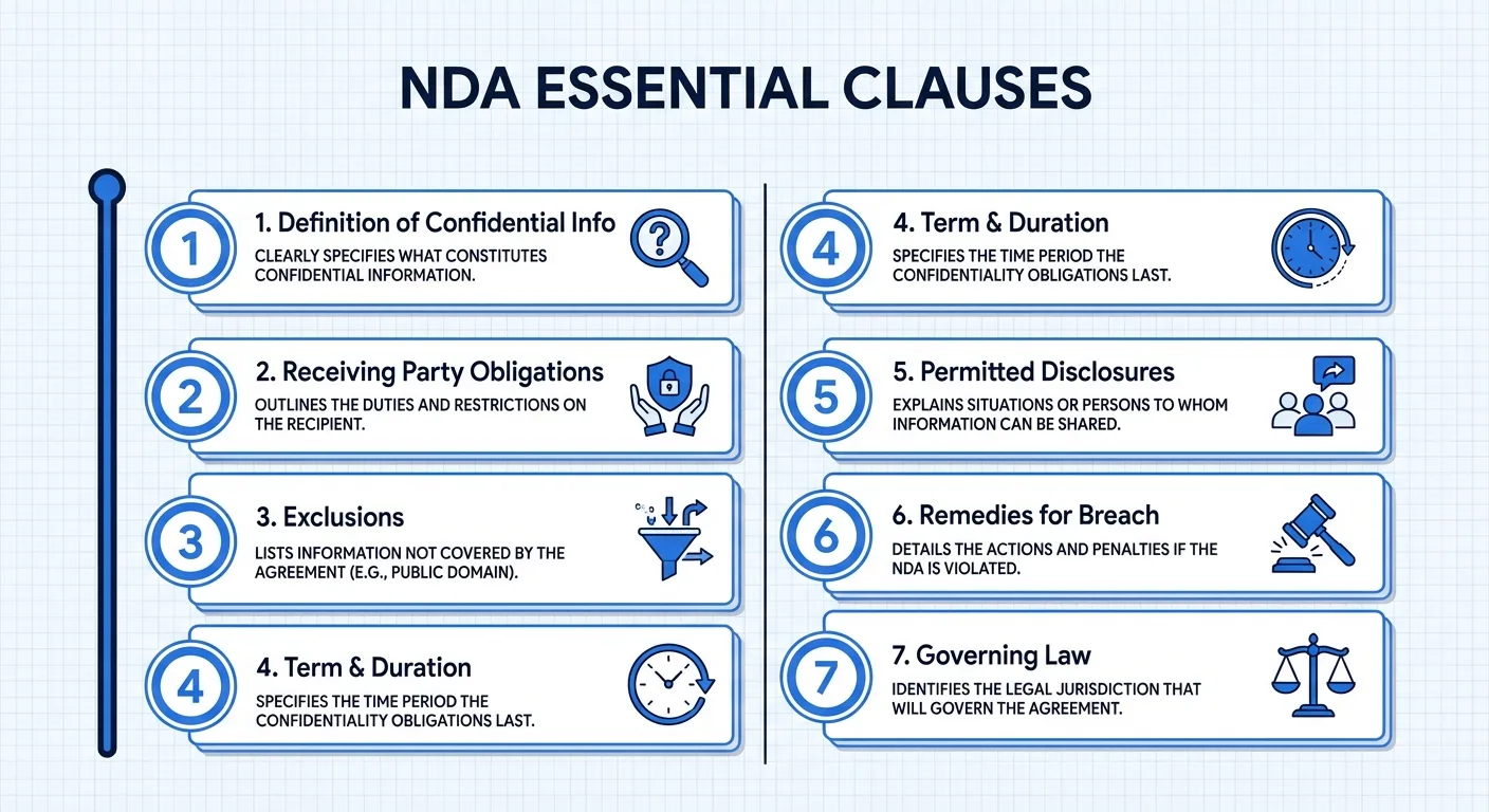 NDA 7 essential clauses checklist: Definition, Obligations, Exclusions, Term, Disclosures, Remedies, Governing Law