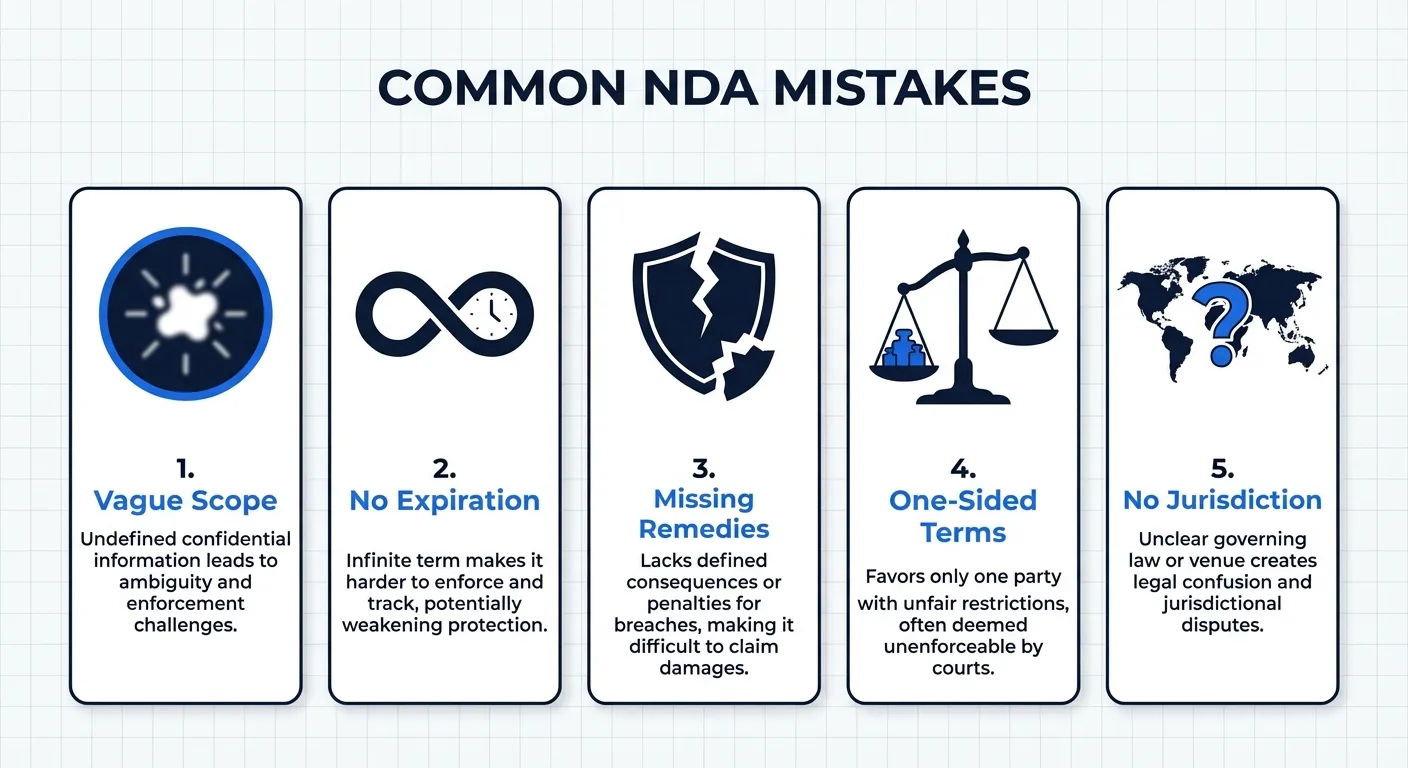 NDA 작성 시 흔한 5가지 실수: 범위 불명확, 기간 미설정, 구제수단 누락, 일방적 조건, 관할권 미지정