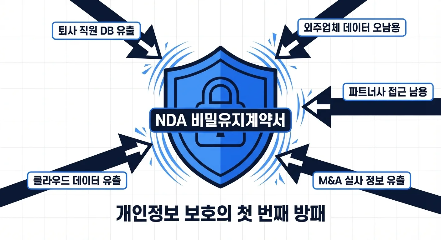 NDA 비밀유지계약서가 개인정보 유출 위협을 차단하는 방패 역할 다이어그램