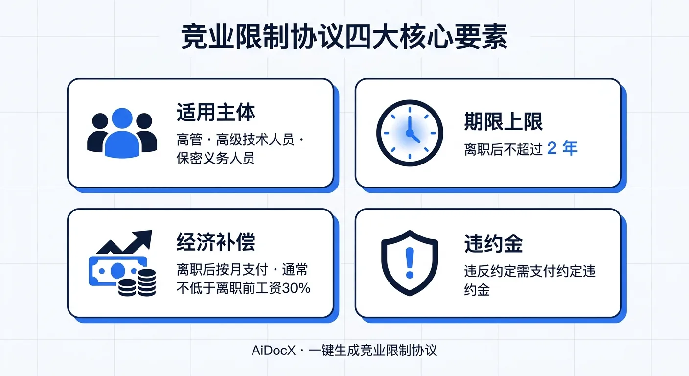 竞业限制协议核心要素:适用主体、期限上限2年、经济补偿标准、违约金