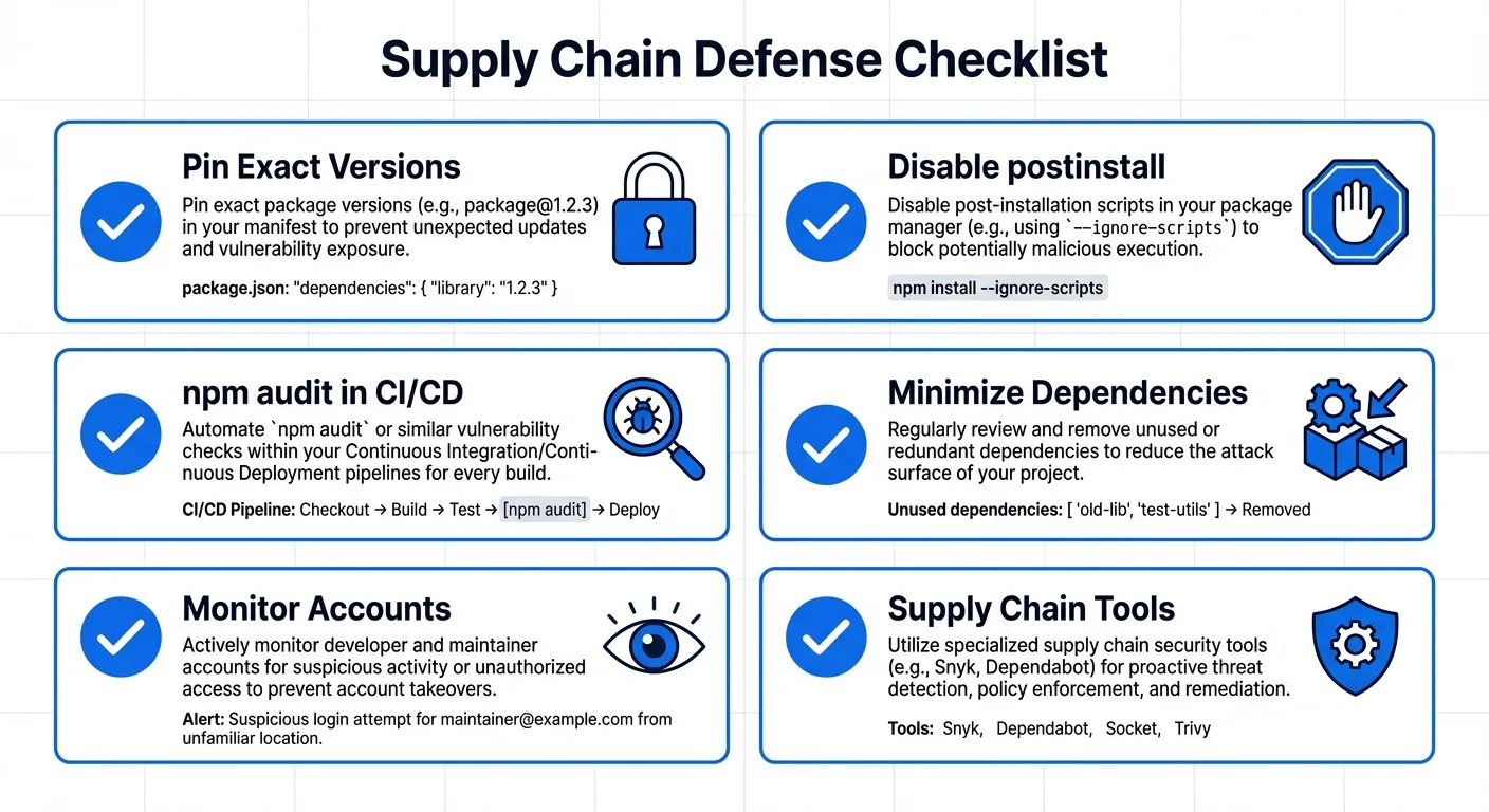 NPM supply chain defense checklist: pin versions, disable postinstall, npm audit, minimize dependencies, monitor accounts, supply chain tools