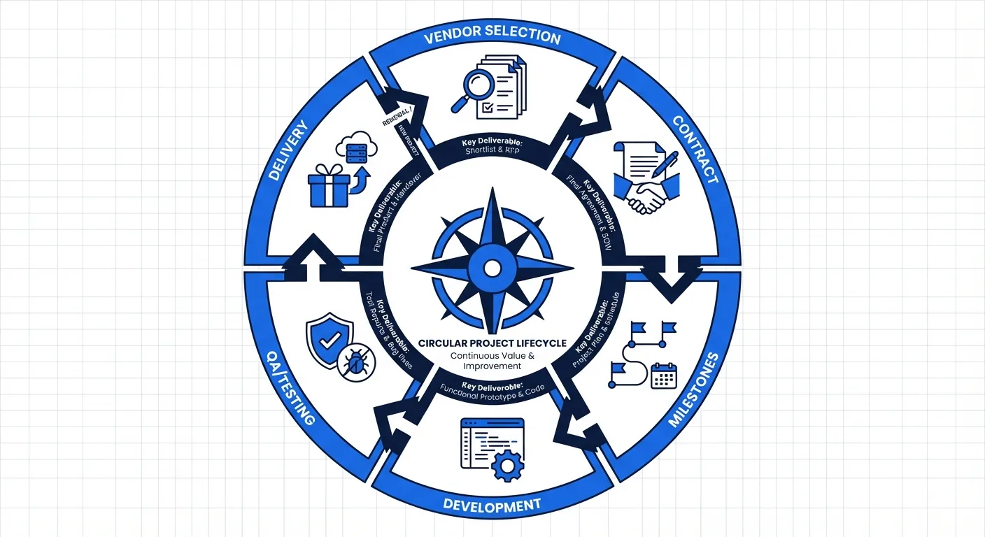 외주 프로젝트 생명주기: 업체 선정, 계약, 마일스톤, 개발, QA, 납품
