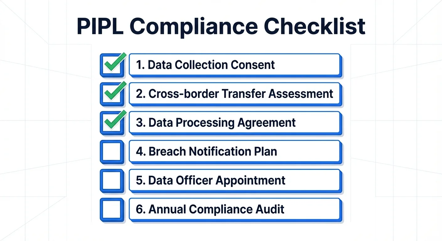 PIPL合规清单: 数据收集同意、跨境传输评估、处理协议、违规通知、数据官任命、年度审计