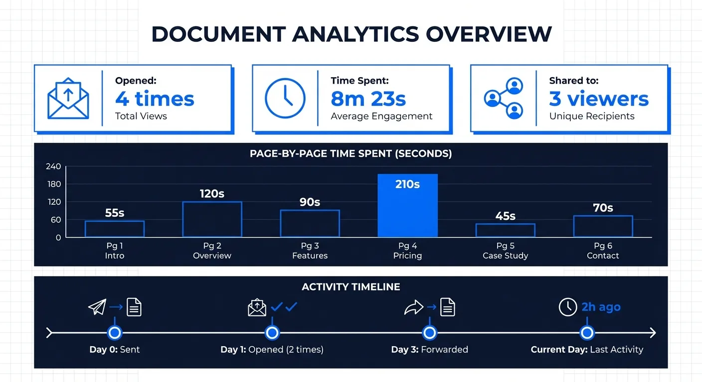 Proposal tracking dashboard: real-time open notification, page view heatmap, stakeholder sharing analytics