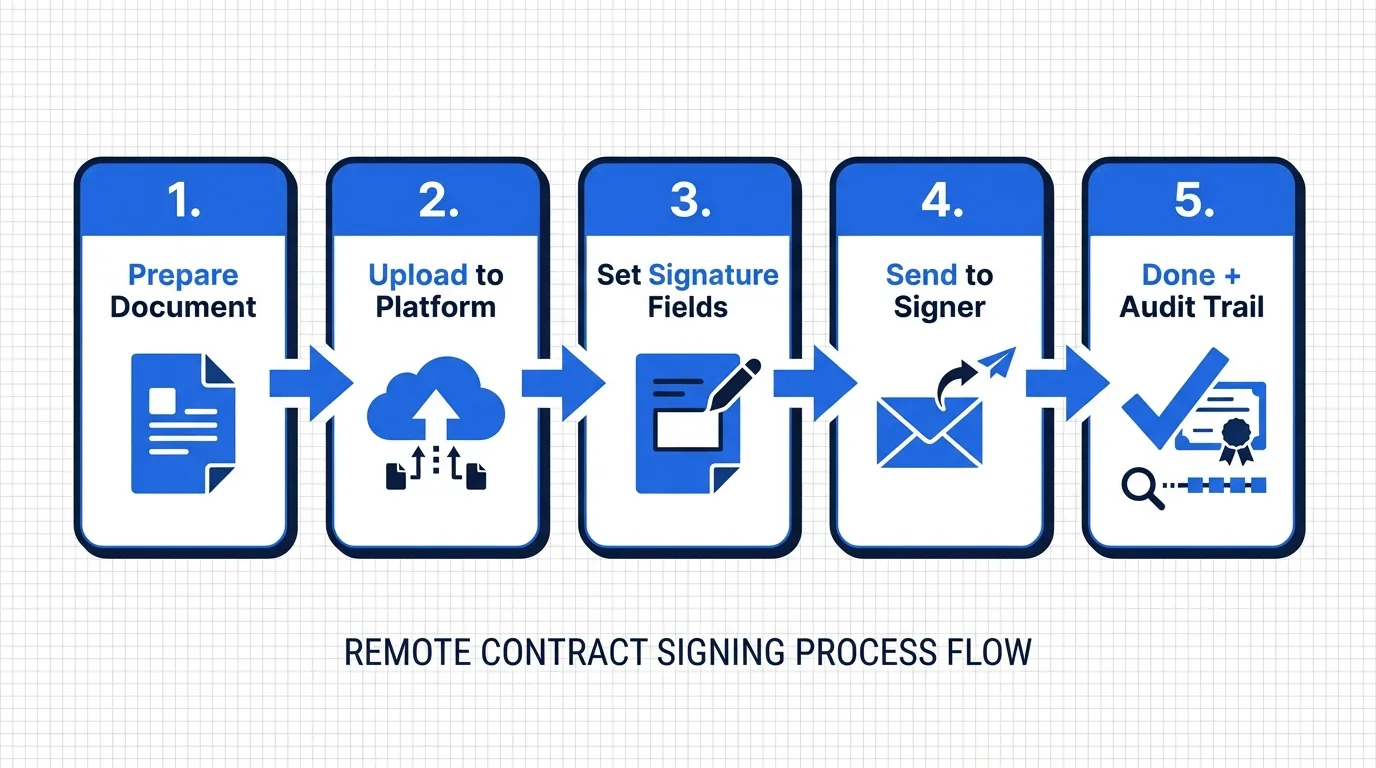 비대면 계약서 작성 5단계: 문서 준비, 업로드, 필드 설정, 서명 전송, 감사 추적