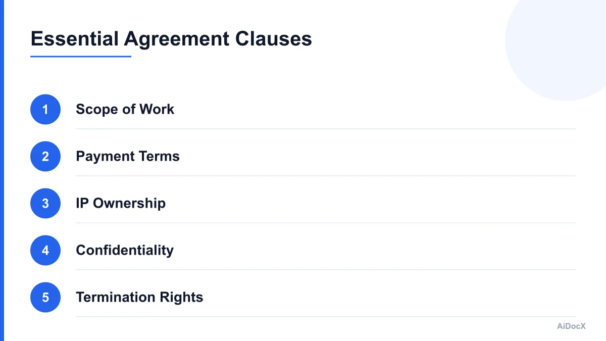 Infographic showing key clauses in a remote contractor agreement