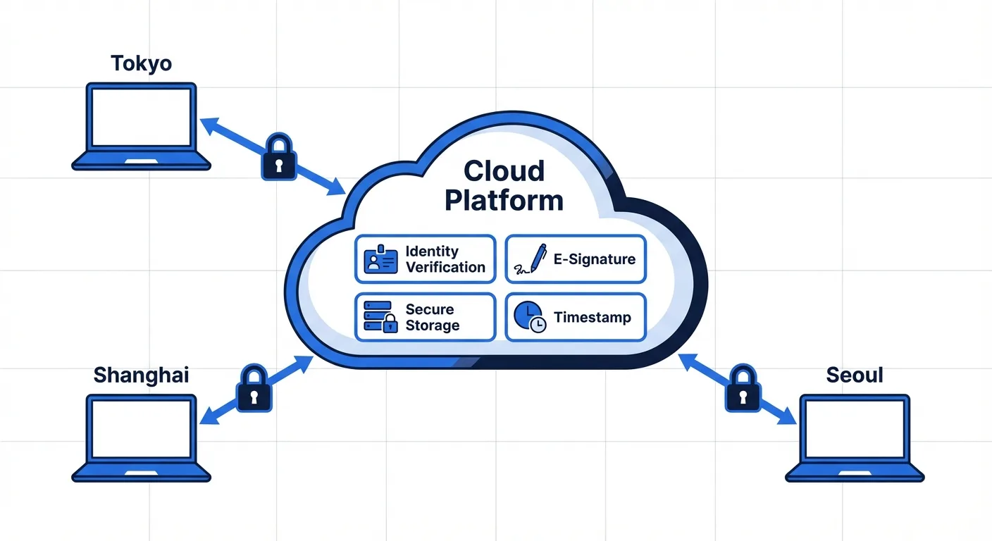 远程签约架构: 多地团队通过云平台进行身份验证、电子签名、时间戳、存储