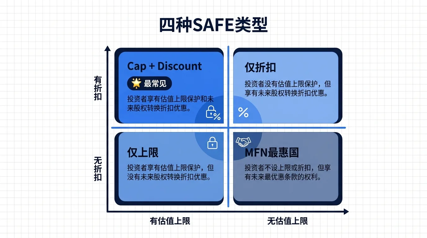四种SAFE类型矩阵: Cap+Discount、仅折扣、仅上限、MFN最惠国