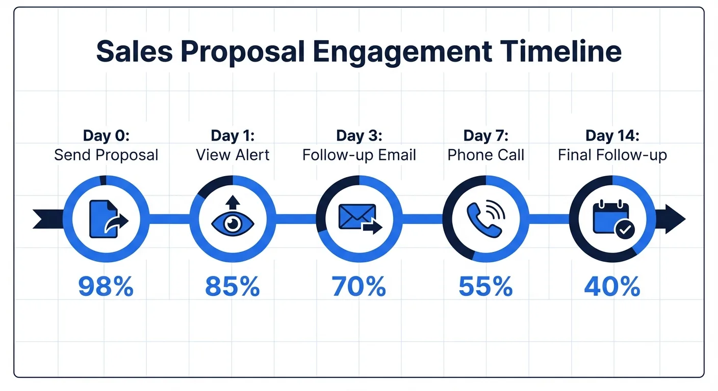 Optimal proposal follow-up timeline: send, view notification, email, call, final follow-up