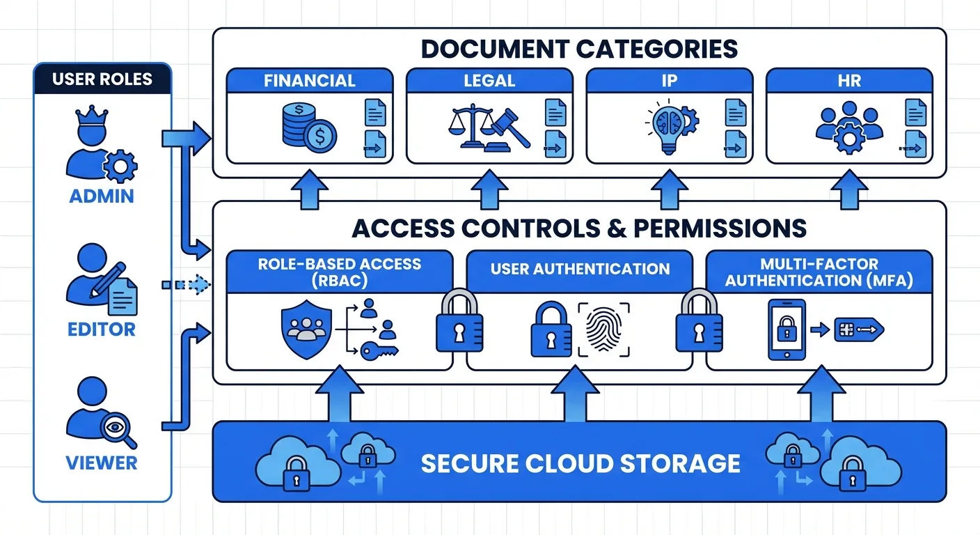 Virtual data room architecture: secure storage, access controls, document categories